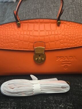 Inpired Orange Croc-Embossed Leather Shoulder Bag with Gold Hardware